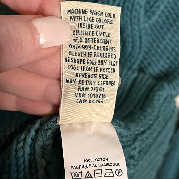 LL BEAN Cotton Cable Knit Button-Front Cardigan Teal Green Size Large Spring - Picture 6 of 6